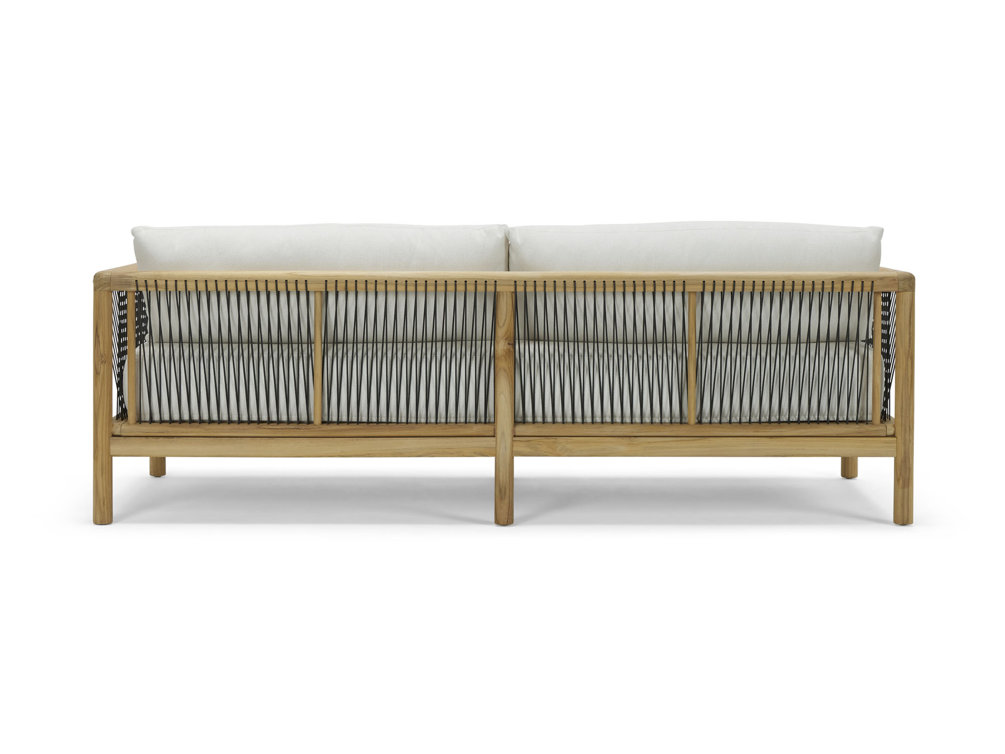Back view of two seat outdoor sofa with white cushions